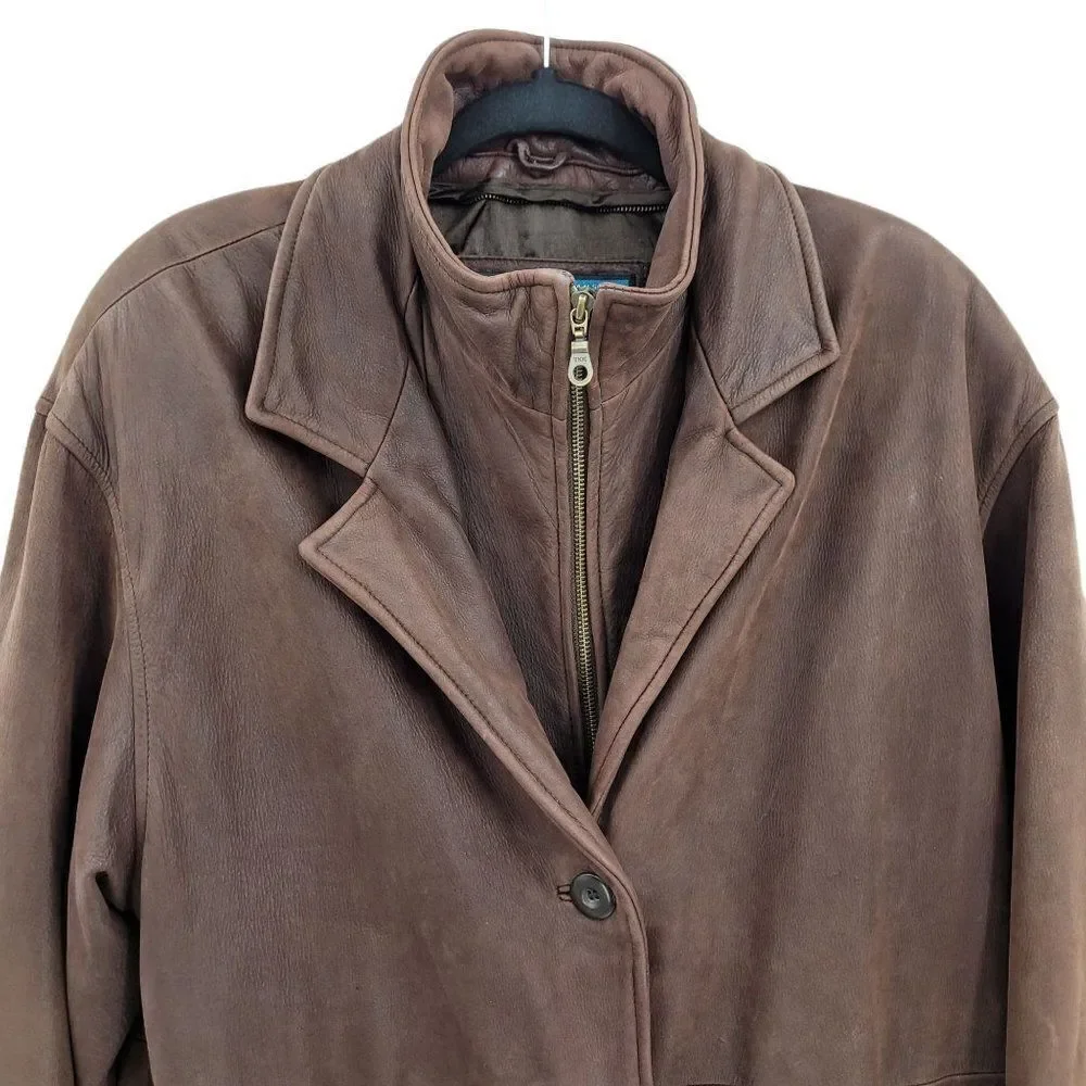 Vtg‎ 80s Steampunk Leather Flight Jacket M Unique Rare Classy Collar Long Brown
